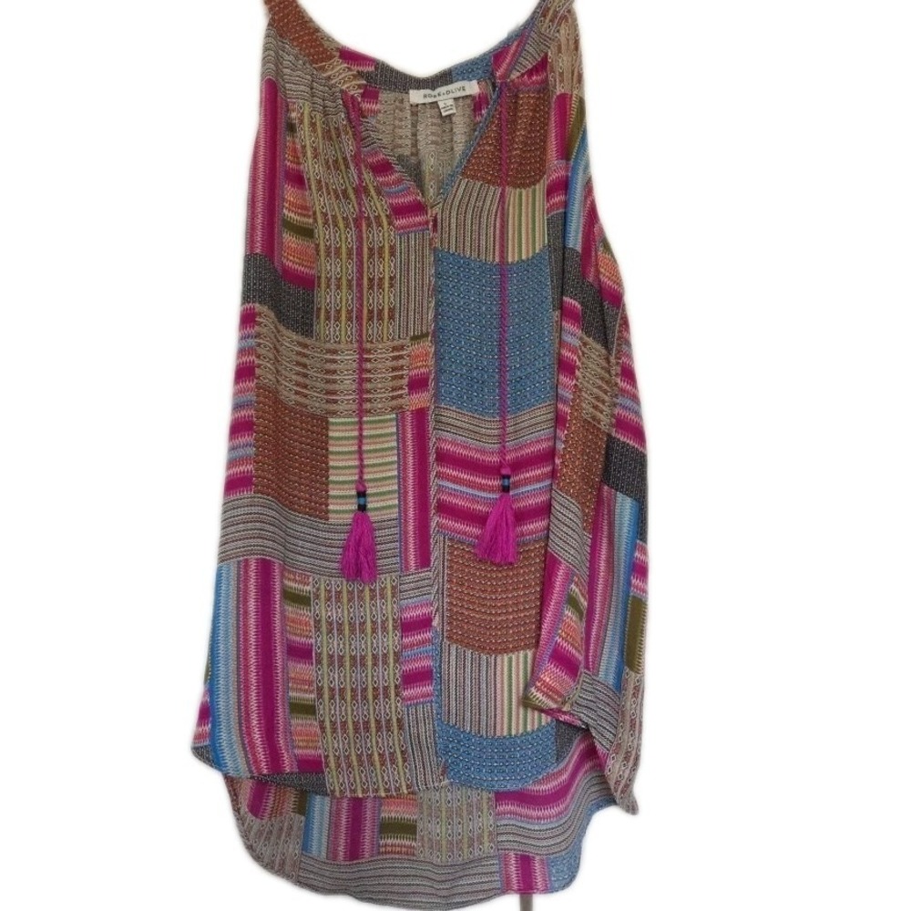 Rose+Olive Sleeveless Boho Shirt Tassel Tie Womens Size Large Boho Colorful